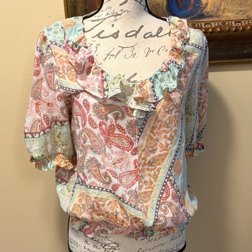 Olivia & Martin Colorful Paisley Ruffle Puff short sleeve elastic hems Blouse